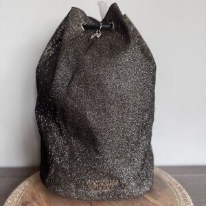 Victoria's Secret Bucket Drawstring Backpack Black Glitter‎ Angel Wings Charm